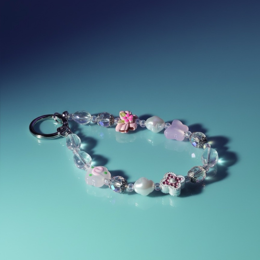 Handmade Charming Floral Beaded Phone Chain - Pink and Purple